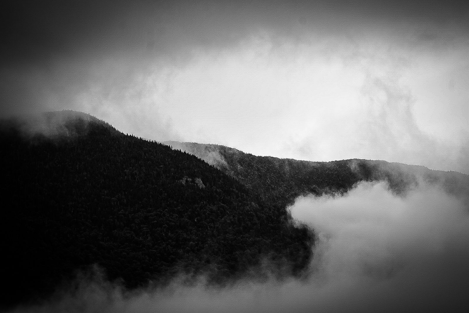 Black and white photograph of cloud rolling over a forested mountain ridgeline