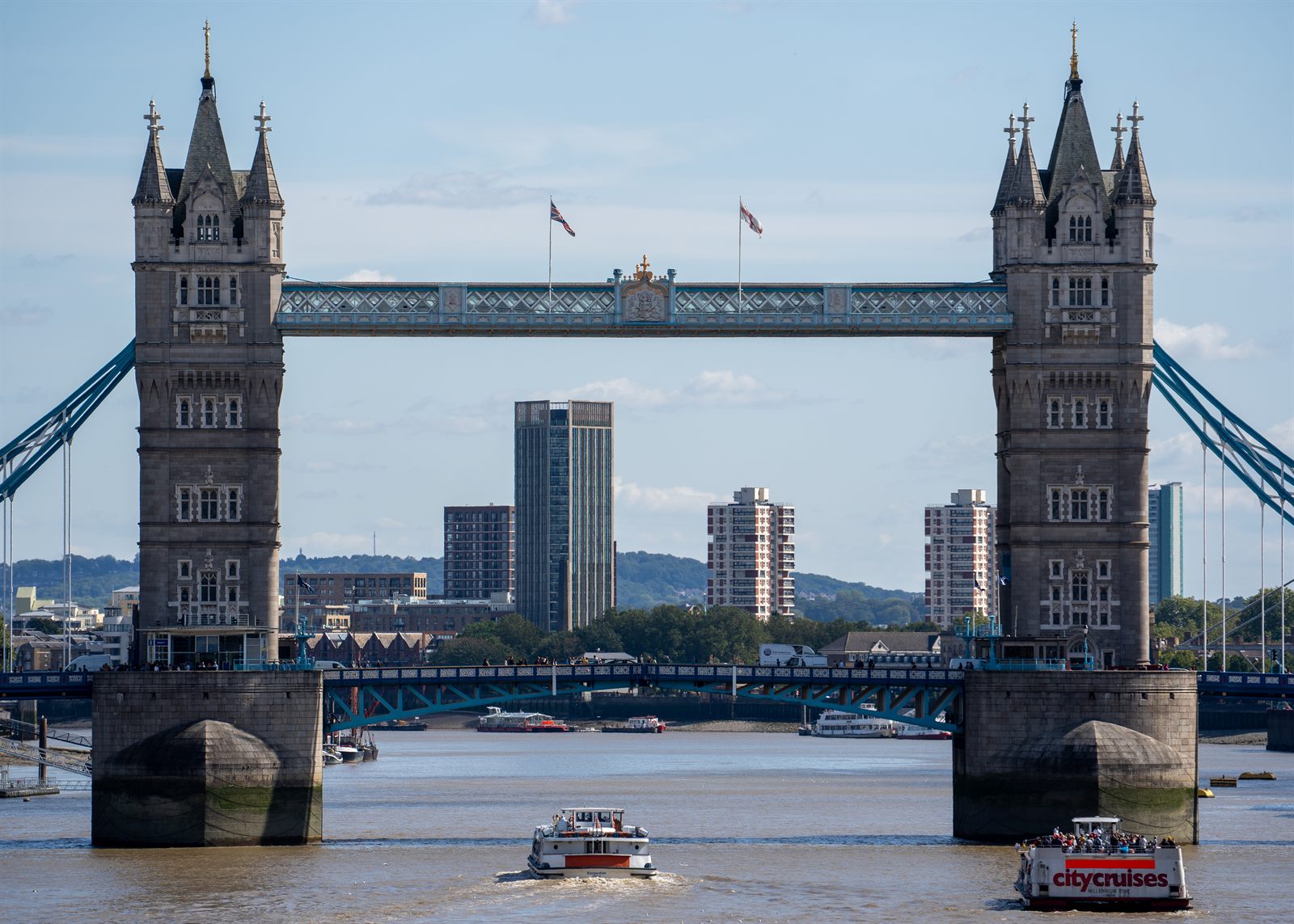Tower Bridge in London seen from across the Thames on a sunny day
